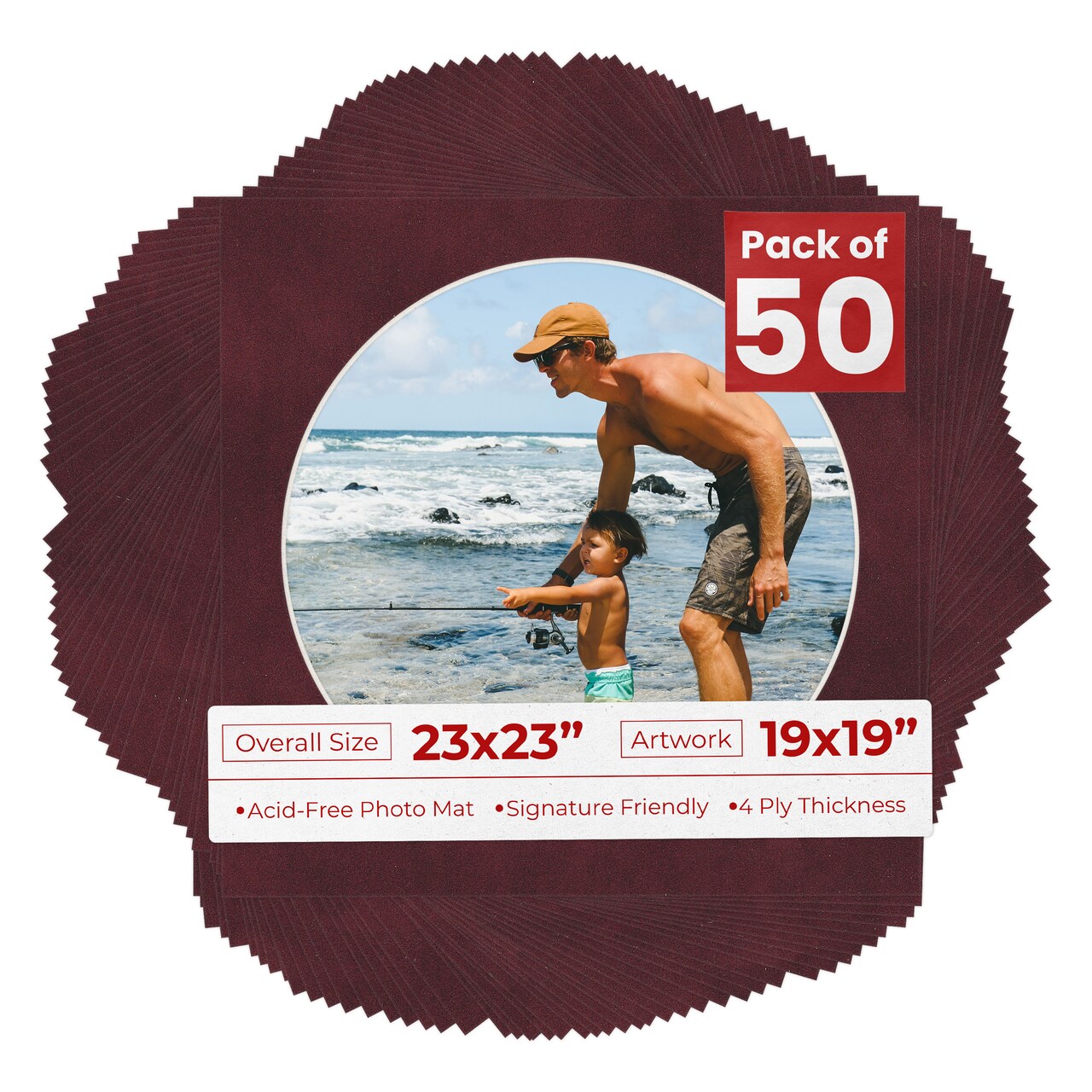 Dark Red Suede Mat Board for 23x23 Frames - Circle Opening for 19x19 Photos